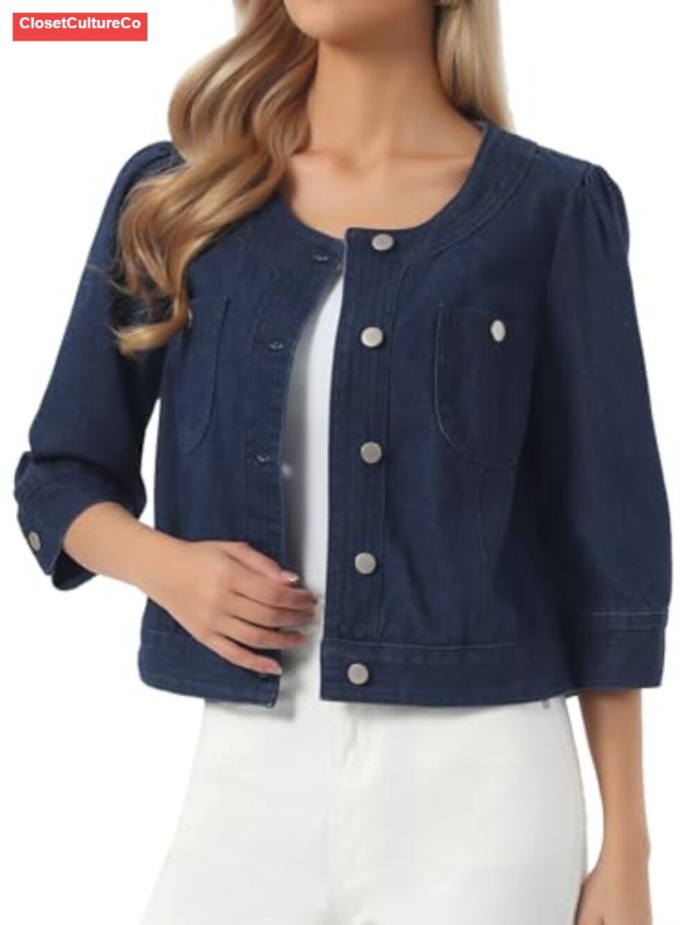 Women's Collarless Cropped Denim Jacket 3/4 Sleeve Jean Jacket